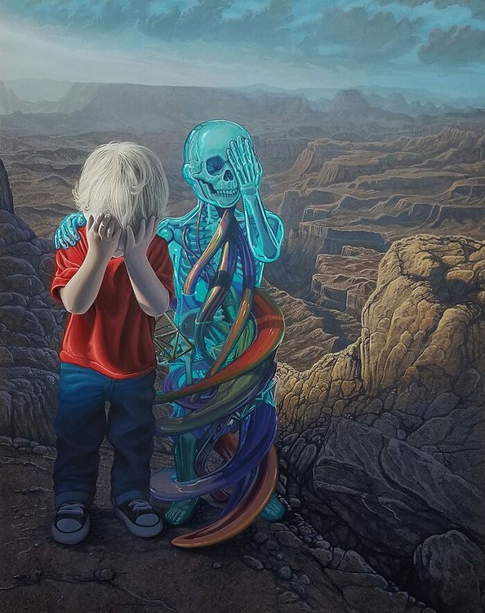 A boy and a skeletal figure in a surreal painting by Wiley Wallace, standing on a cliff in an alternate reality.