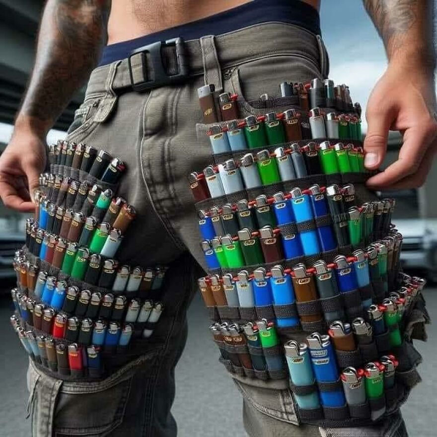 A chaotic and disturbing image of a person wearing pants covered in lighters.