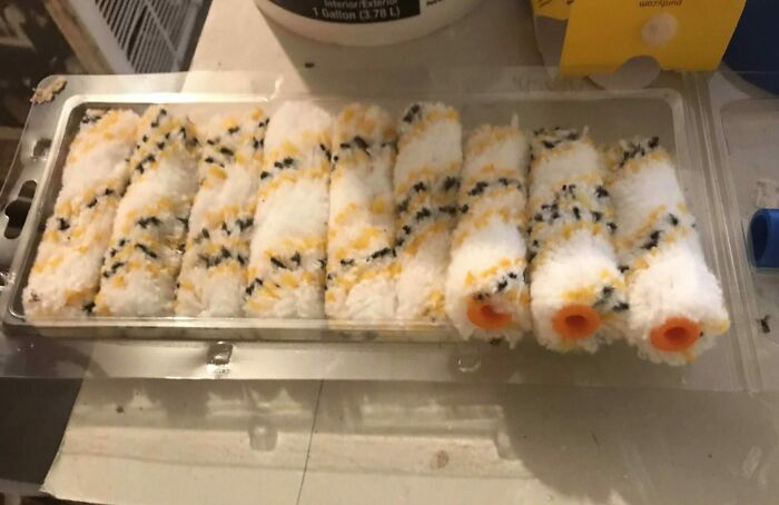 A pack of small paint rollers with white, yellow, and black bristles. These are forbidden foods.