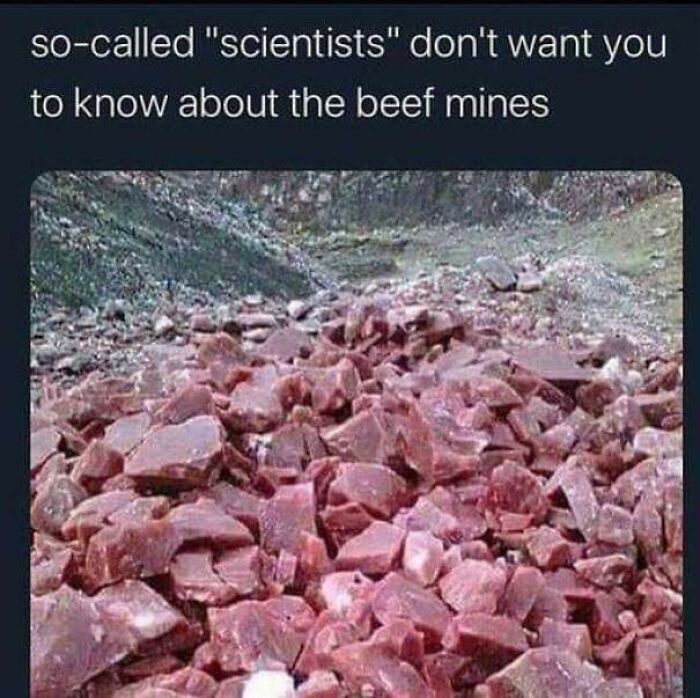 Humorous image showing piles of red rocks resembling raw meat in a mine, referencing forbidden foods.