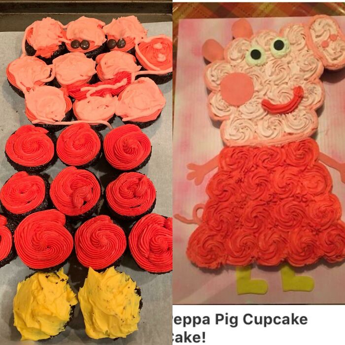 A DIY fail: a comparison of cupcakes next to a poorly executed Peppa Pig cake.
