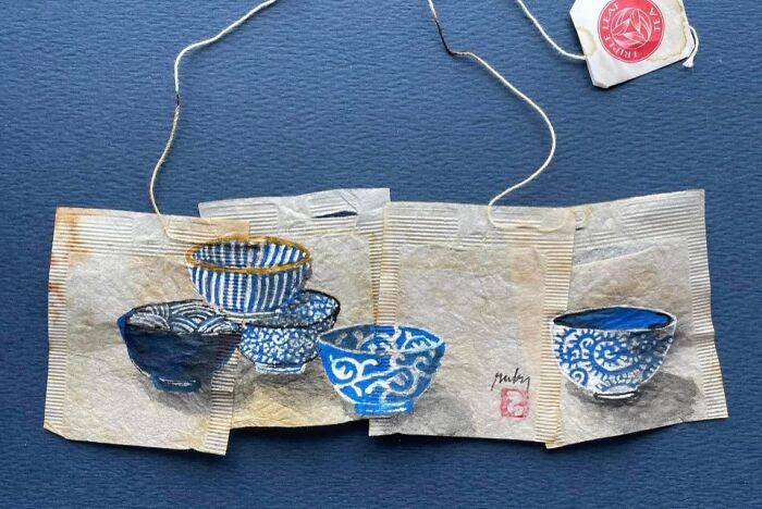 Intricate blue and white bowls shown in miniature paintings on tea bags