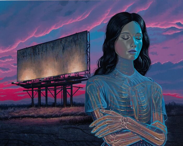 Surreal paintings by Wiley Wallace: A woman with glowing skeletal details stands before a lit billboard against a purple sky.