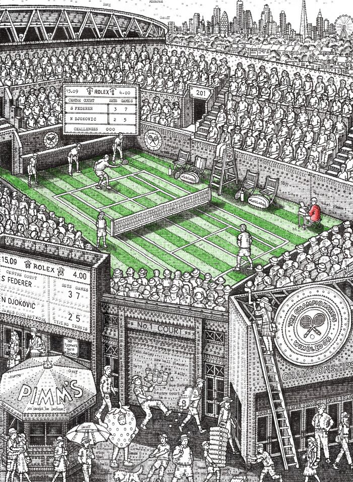 Intricate Typewriter Art showing a bustling Wimbledon tennis match with spectators and surrounding buildings.