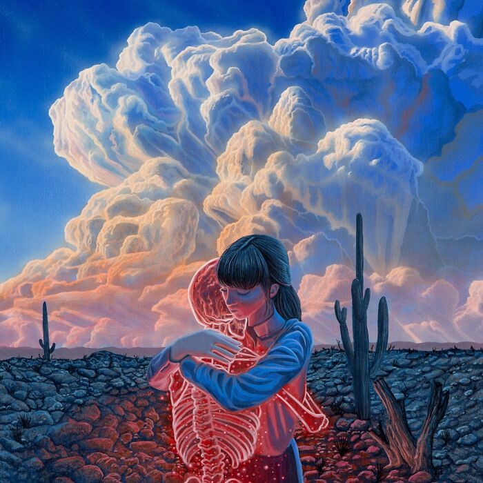 A girl embraces a glowing red skeleton figure under a vast, cloud-filled sky in a surreal painting by Wiley Wallace.