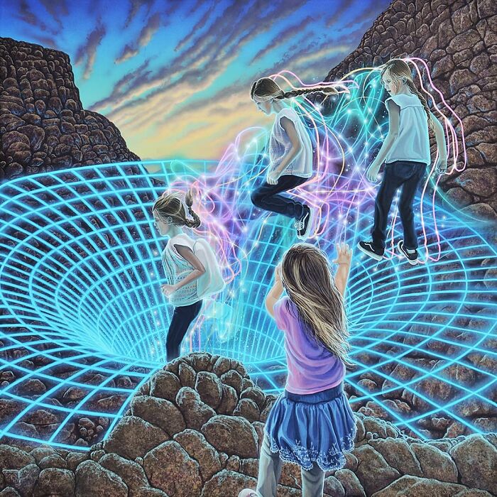 Four girls interact with a glowing, grid-like vortex in the ground, a surreal painting by Wiley Wallace.