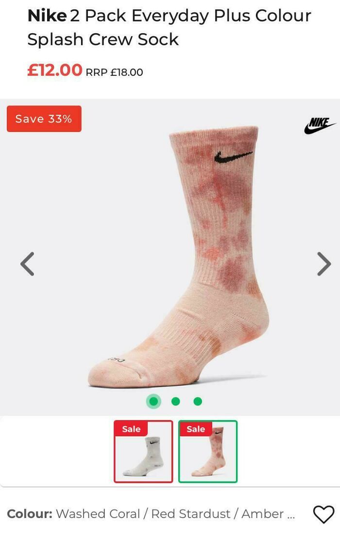 A close-up of a design fail: a single Nike sock in a tie-dye peach and red color.