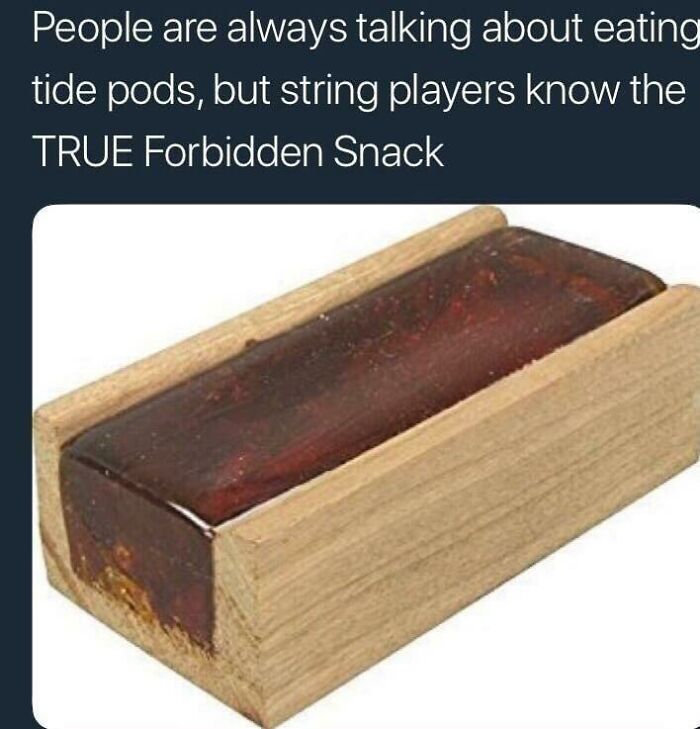 A block of dark brown rosin in a wooden holder, labeled as the TRUE Forbidden Snack for string players. This image is one of the forbidden foods.