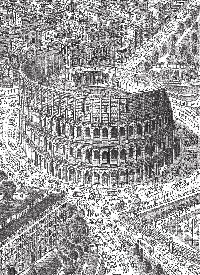 An aerial view of the Roman Colosseum recreated as detailed typewriter art, surrounded by buildings and cars.
