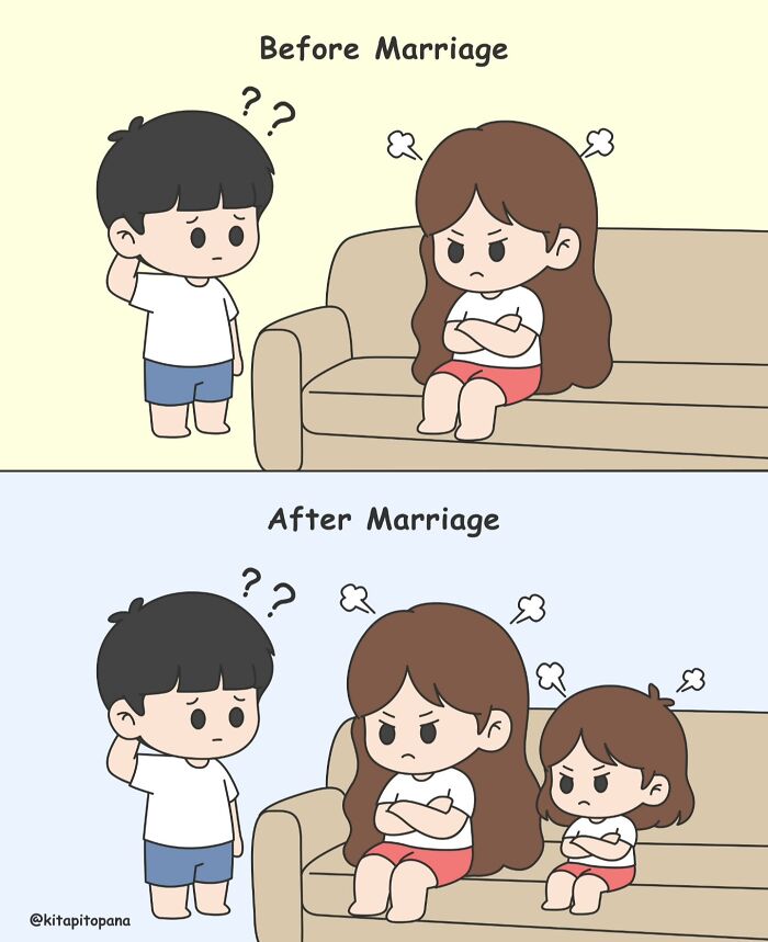 Adorable comics showing a man confused by an angry woman before marriage and by two angry females after marriage
