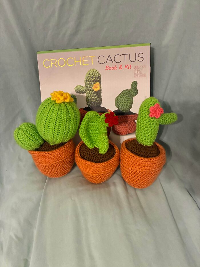 Crochet cactus plants with flowers in orange pots from a crochet cactus book and kit