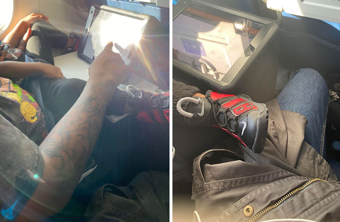 Entitled people on a plane with a child using an iPad, feet up, showing a lack of a reality check.