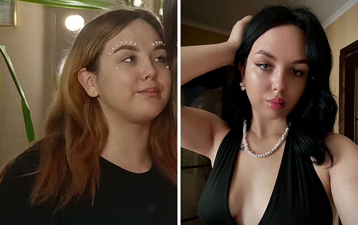 A woman before and after leaving an unhappy marriage, looking completely different.