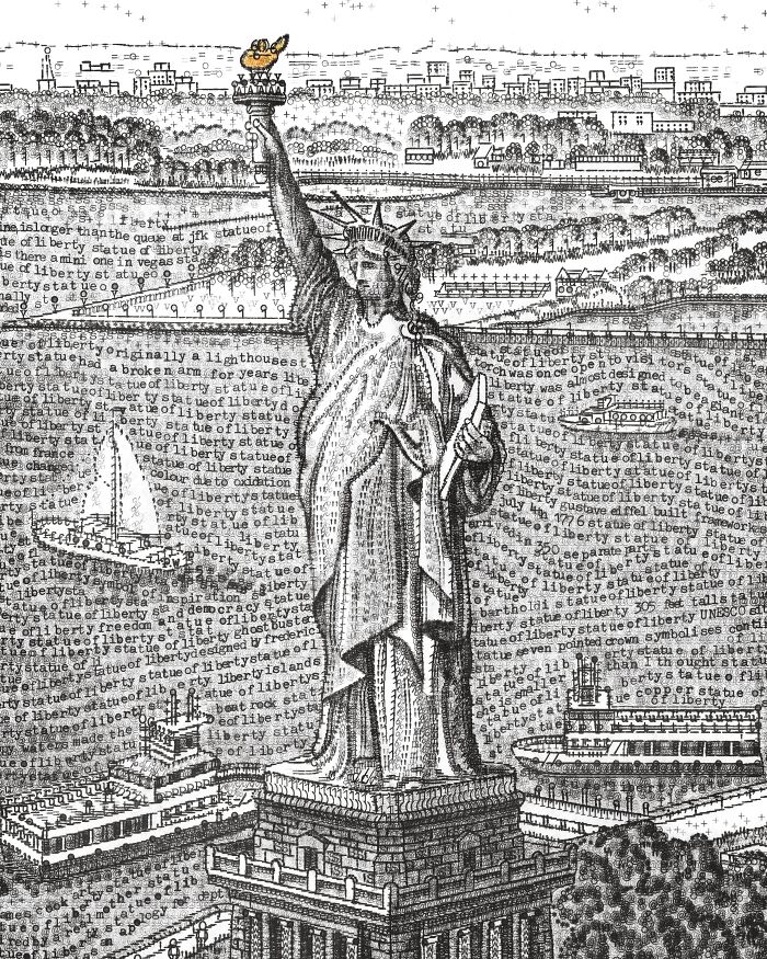 Detailed Typewriter Art depicting the Statue of Liberty against a cityscape and water.