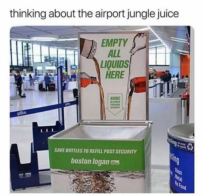 An airport bin for disposing of liquids, humorously labeled for forbidden foods or drinks like jungle juice.