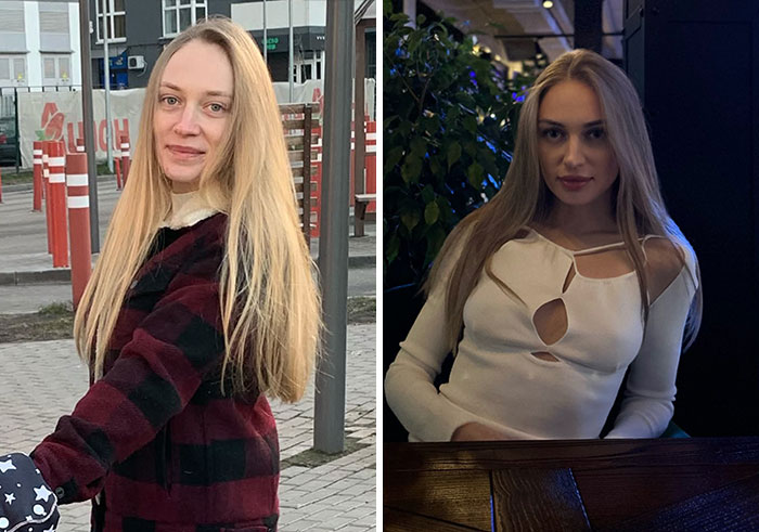 A woman looking completely different after leaving unhappy marriages, before and after.