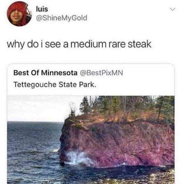 A Reddit post showing a cliff that resembles a medium rare steak, a forbidden food.