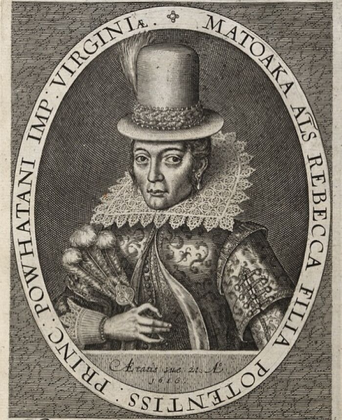 Pocahontas, a significant woman in history, depicted in a 1616 oval portrait engraving wearing a tall hat and lace ruff.