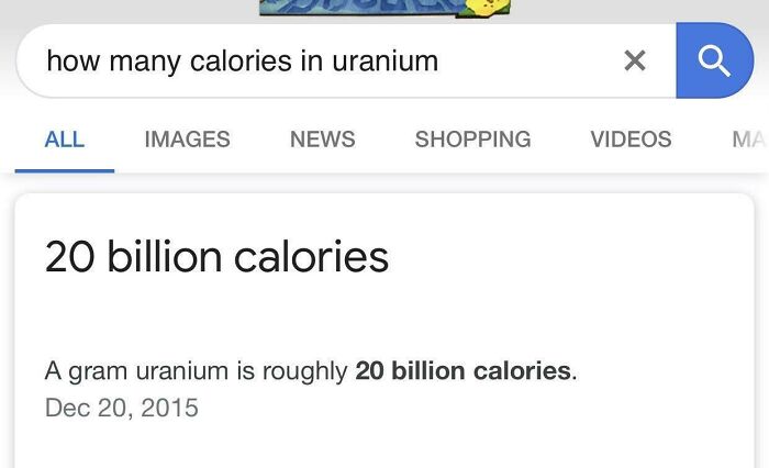 A search result for 'how many calories in uranium' showing 20 billion calories, a dangerous and forbidden food.
