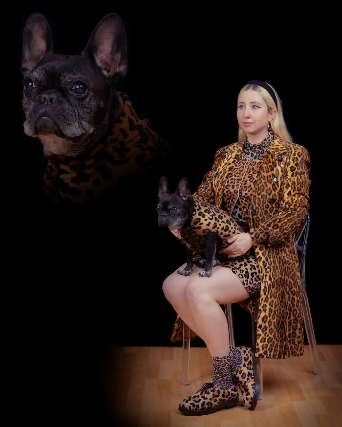 Quirky portraits of pets and their owners: A woman in leopard print matches her French bulldog against a black background.