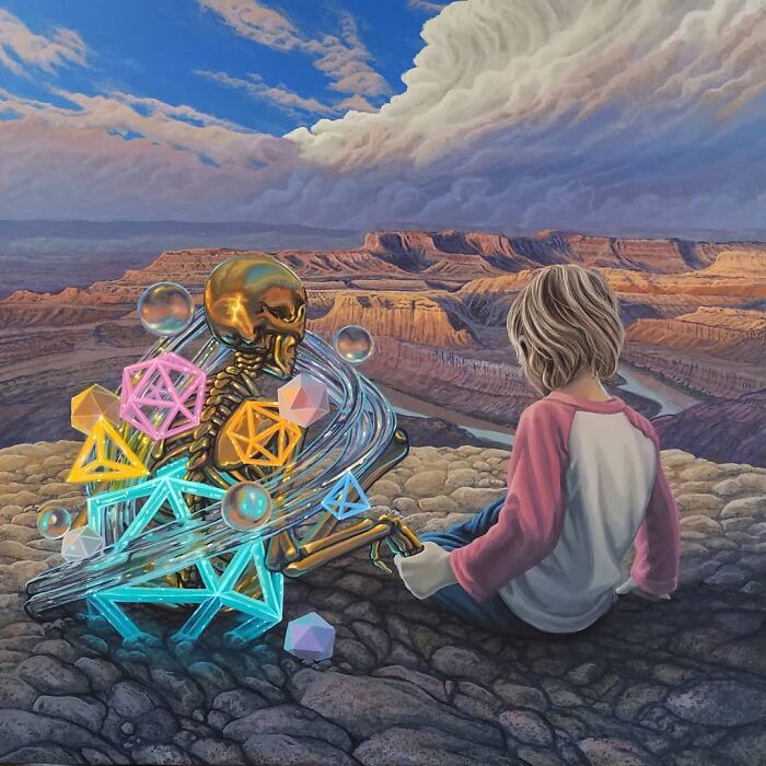 Wiley Wallace surreal painting of a child facing a golden skeleton surrounded by glowing geometric shapes, overlooking a vast canyon.