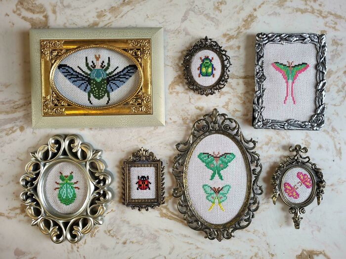 Vintage styled framed bug cross-stitch embroidery, quirky projects craft