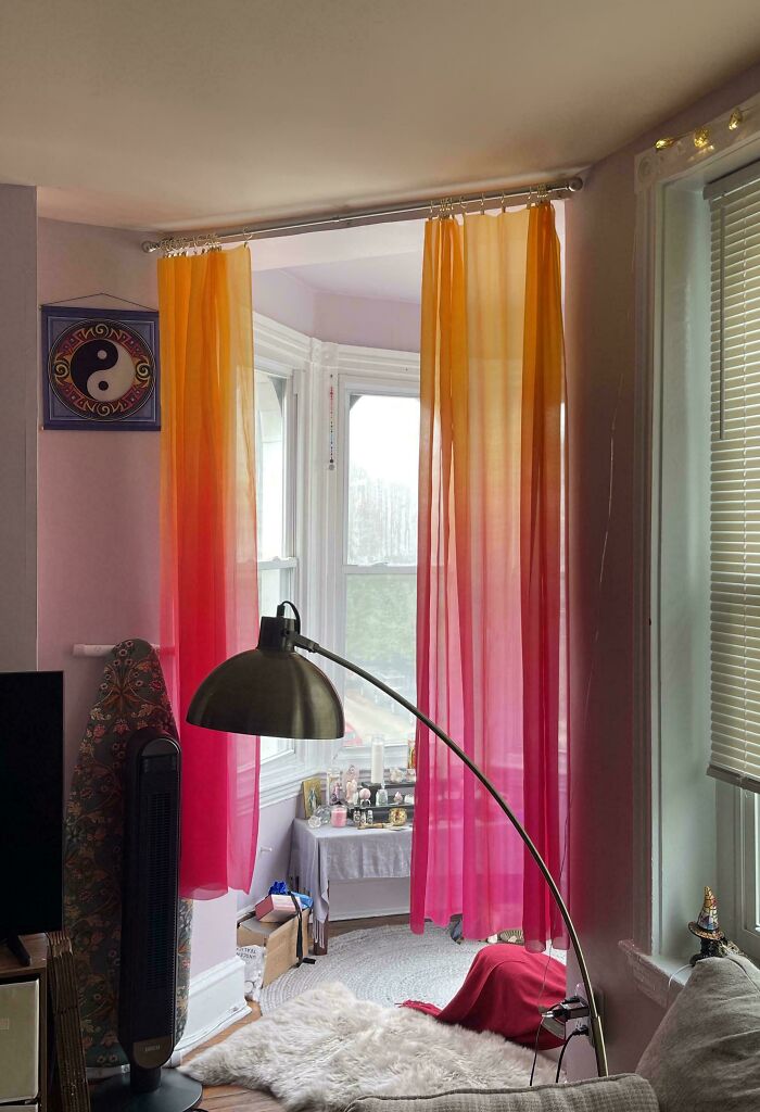 Living room with ombre yellow pink curtains and modern floor lamp quirky projects