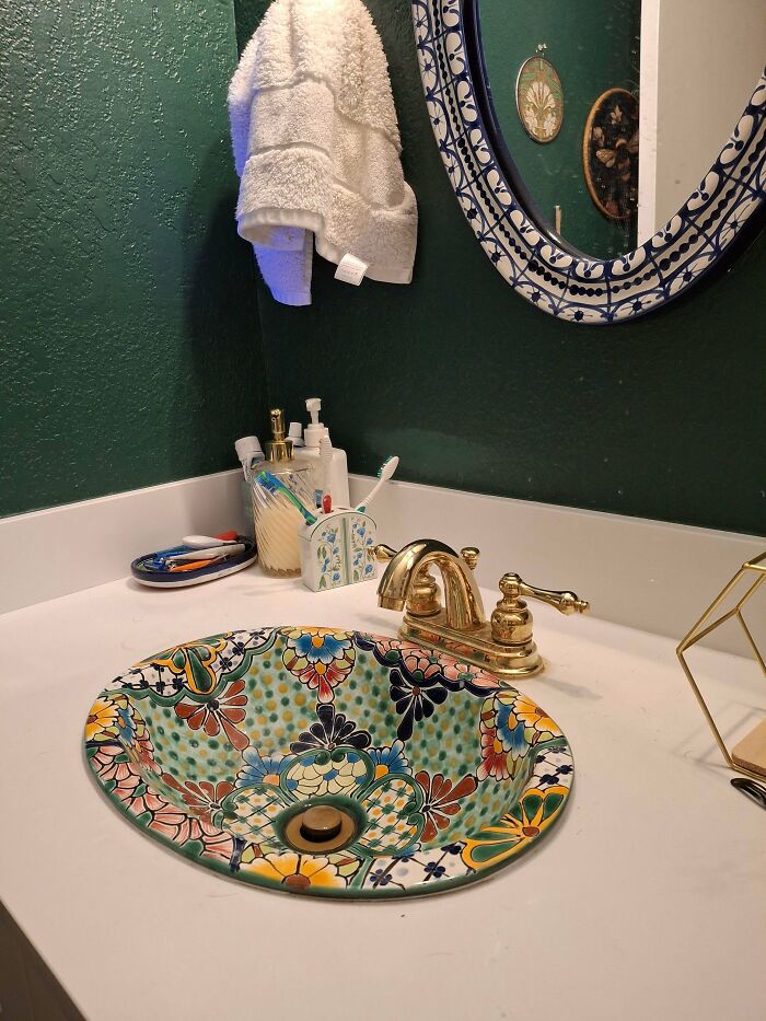 Bathroom sink with colorful floral ceramic basin and gold faucet quirky projects