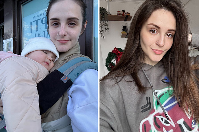 A woman before and after leaving unhappy marriages, looking completely different with a baby and then smiling cheerfully.