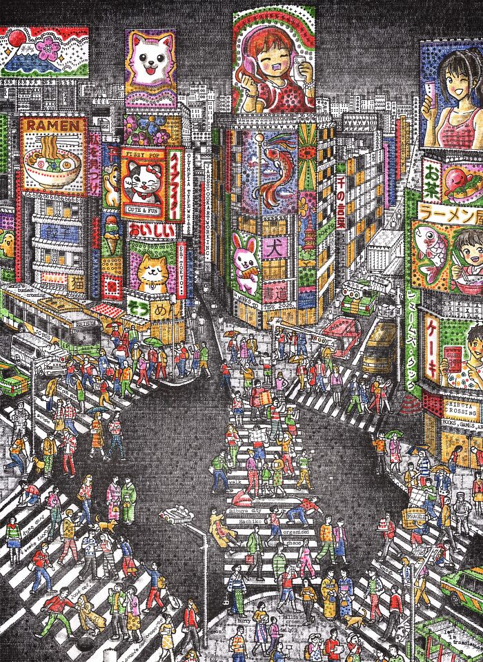 Colorful typewriter art scene of a lively Japanese street intersection with numerous pedestrians and bright, animated advertisements.