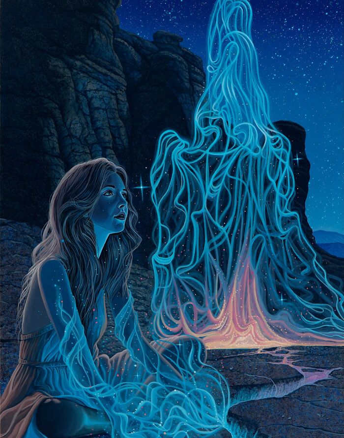 Surreal paintings by Wiley Wallace: A glowing woman observing a towering, ethereal blue figure against a dark, star-filled night.
