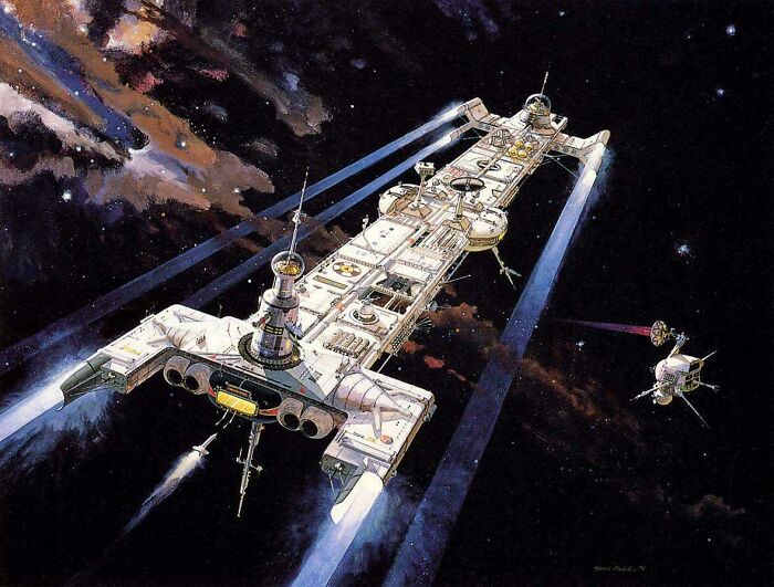 Retrofuturistic image of a large spaceship in space, illustrating past visions of the future.