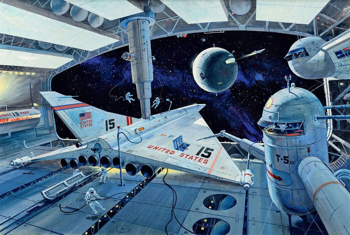 Retrofuturistic image: people in the past imagined the future of a space station with a US spacecraft and astronauts.