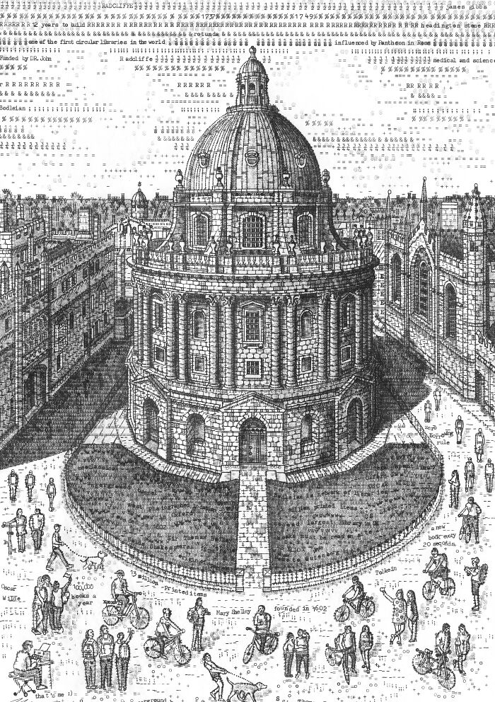 Detailed Typewriter Art depicting an architectural building with many tiny people around it, showcasing intricate art.