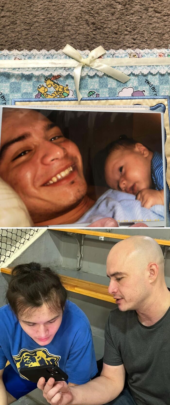My Son And I When He Was A Week Old (June 2007). Him And I At His First Wrestling Meet (Nov 2022)