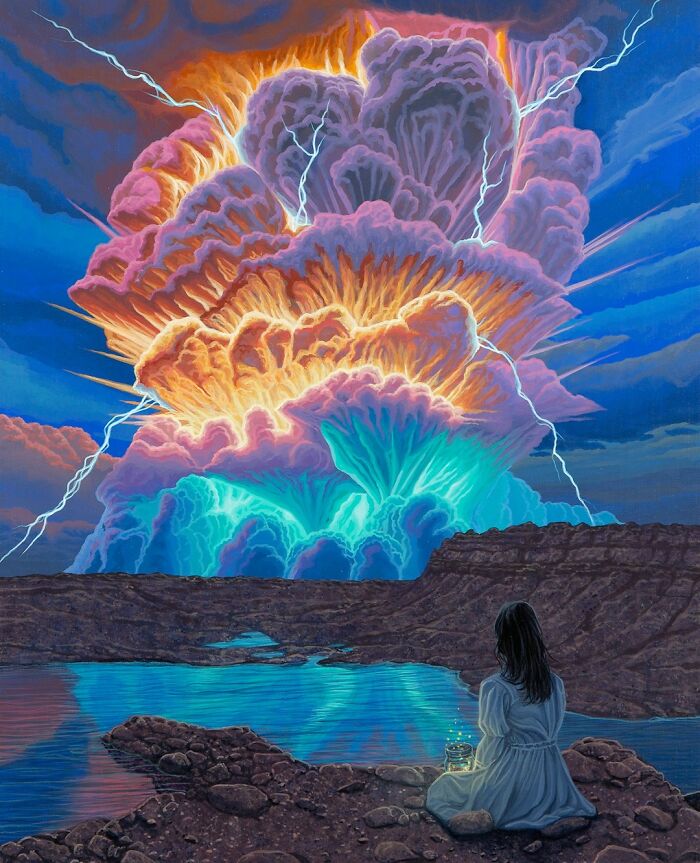 A lone figure watches a massive, colorful explosion above a lake in a surreal painting by Wiley Wallace.