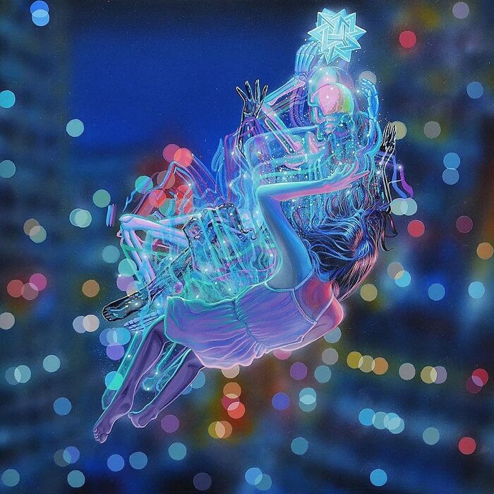 Wiley Wallace surreal painting showing a woman intertwined with glowing skeletal figures, floating amidst a bokeh background.