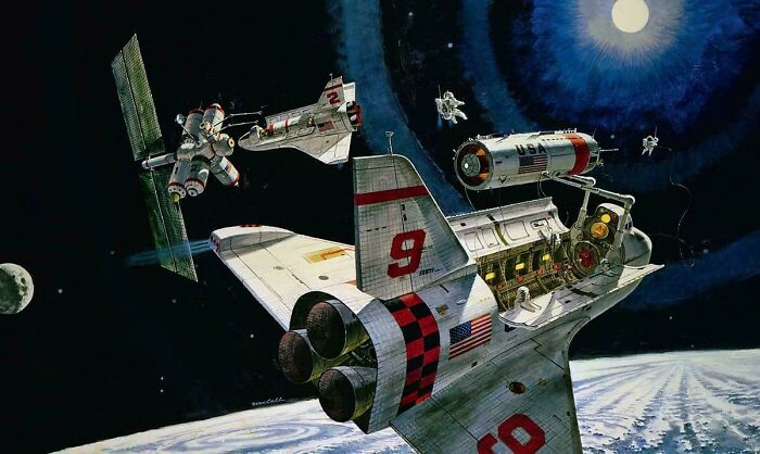 Retrofuturistic image of spacecrafts orbiting a planet, depicting past imaginations of the future.