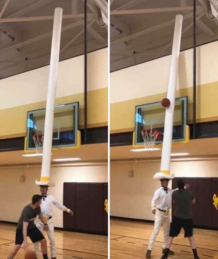 A chaotic and disturbing pic of a man in a sombrero playing basketball, with an impossibly tall and curved extension attached to the hat to block a shot.