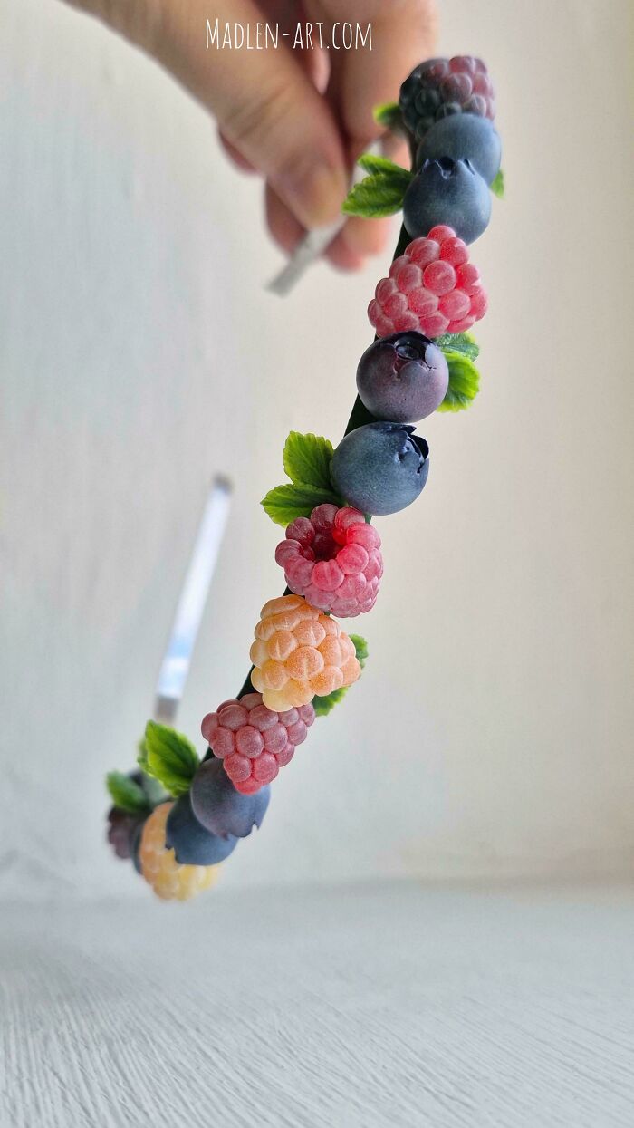 Handmade berry headband with realistic berries and leaves, quirky projects accessory