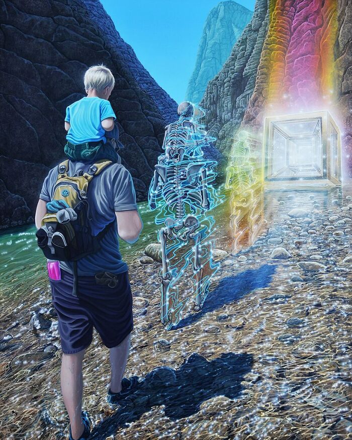 A man and a boy in a surreal painting by Wiley Wallace, walking past glowing figures in an alternate reality.