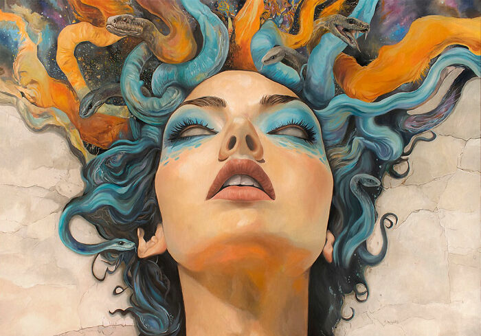 Paintings by Michel Devanakis featuring an extreme perspective portrait of a Medusa-like figure with snakes.
