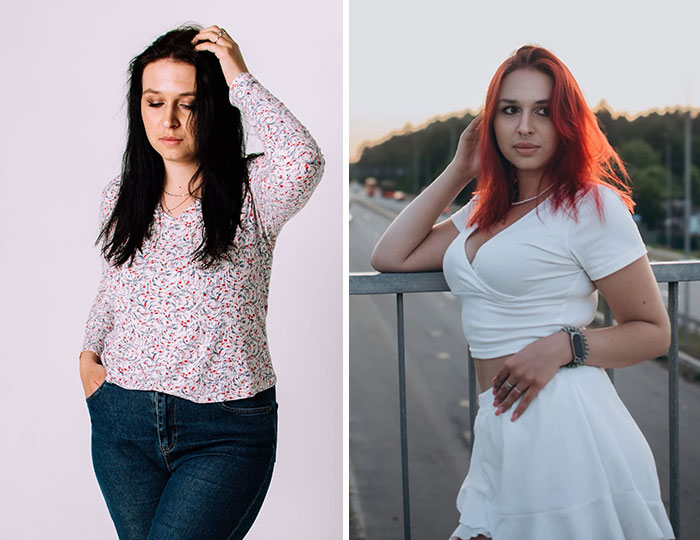 A woman's before and after photos illustrate a positive change and renewed self-confidence after leaving an unhappy marriage.
