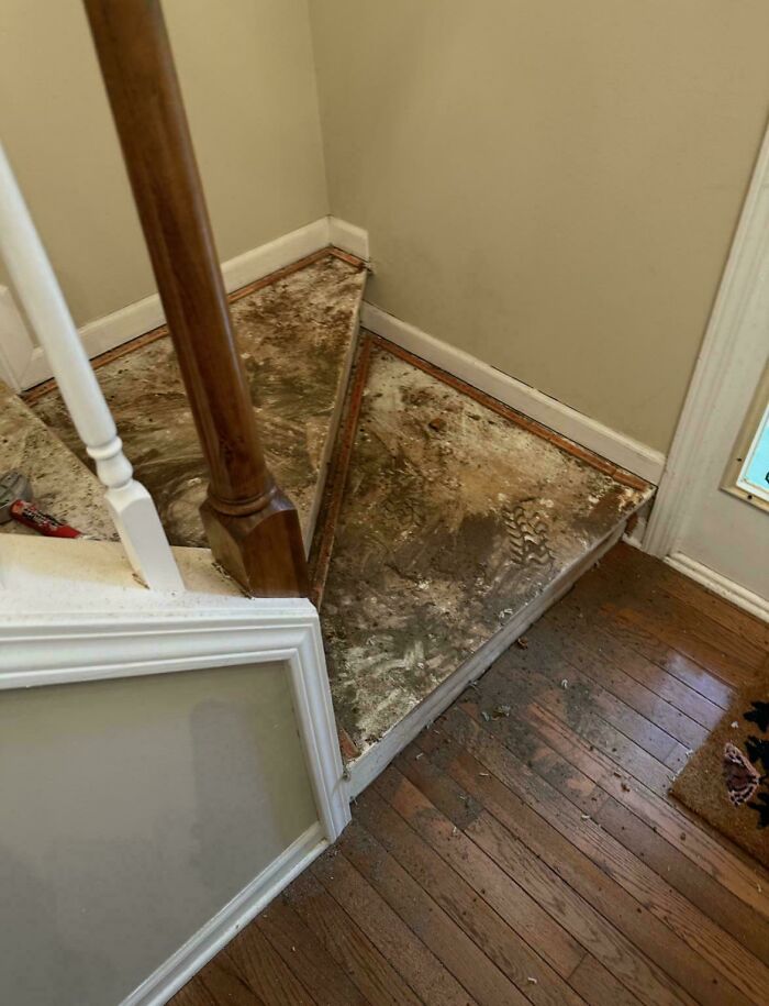 A truly bizarre and dirty corner of a staircase with an unusual triangular step and exposed subfloor.