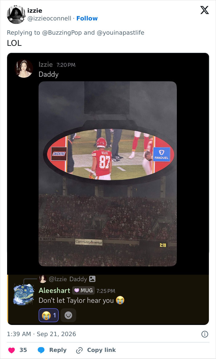 A meme referencing Taylor Swift in reaction to Travis Kelce on a stadium screen.