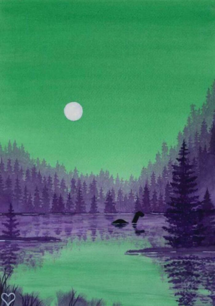 Disco goose art with lake and forest scenery under a green sky with full moon