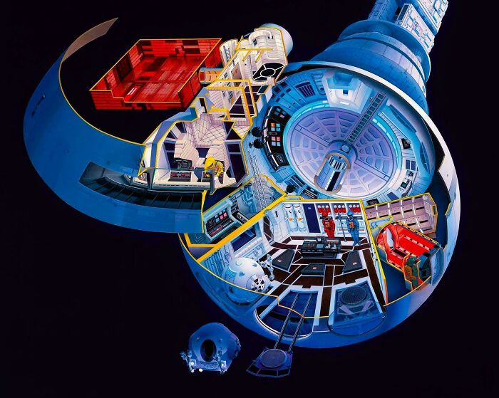 Retrofuturistic image of a detailed cross-section of a space station imagining the future of living in space.