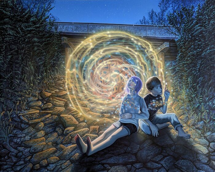 Two children with glowing skin and a shimmering portal sit before an archway in a surreal painting by Wiley Wallace.