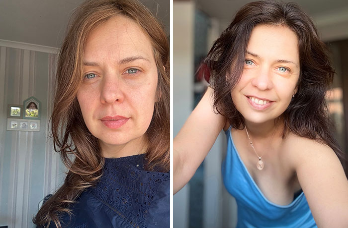 A woman's glowing face reveals her happiness and new look after leaving an unhappy marriage.