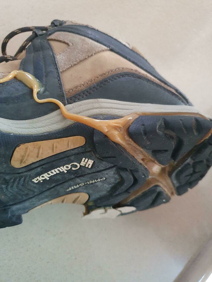 A hiking boot with a sticky, gooey substance trailing from the sole. Forbidden foods.